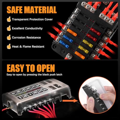 STHIRA® HIRA 12V Car Fuse Box Kit - 12-Way Blade Fuse Block with LED Indicator,Waterproof Compact Design,Universal Holder for Auto Truck Boat (Includes Plastic Cover & Mini Fuses) - Image 5