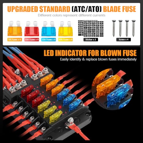 STHIRA® HIRA 12V Car Fuse Box Kit - 12-Way Blade Fuse Block with LED Indicator,Waterproof Compact Design,Universal Holder for Auto Truck Boat (Includes Plastic Cover & Mini Fuses) - Image 3
