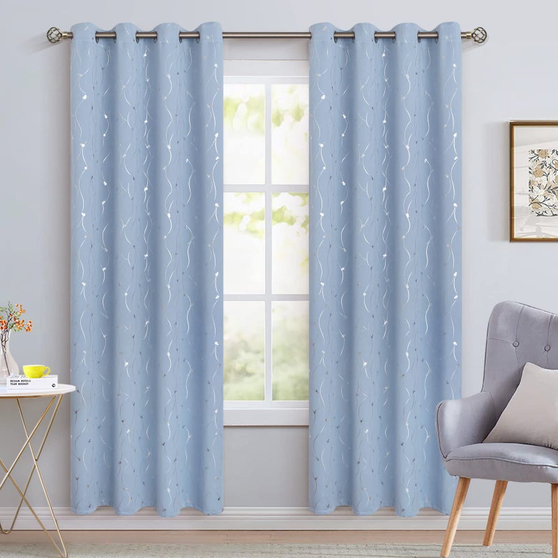 BGment Room Darkening Curtains 84 Inches Long  Grommet Thermal Insulated Blackout Curtains with Wave Line and Dots Printed for Bedroom  2 Panels  Each 52 x 84 Inch  Light Blue - Image 2