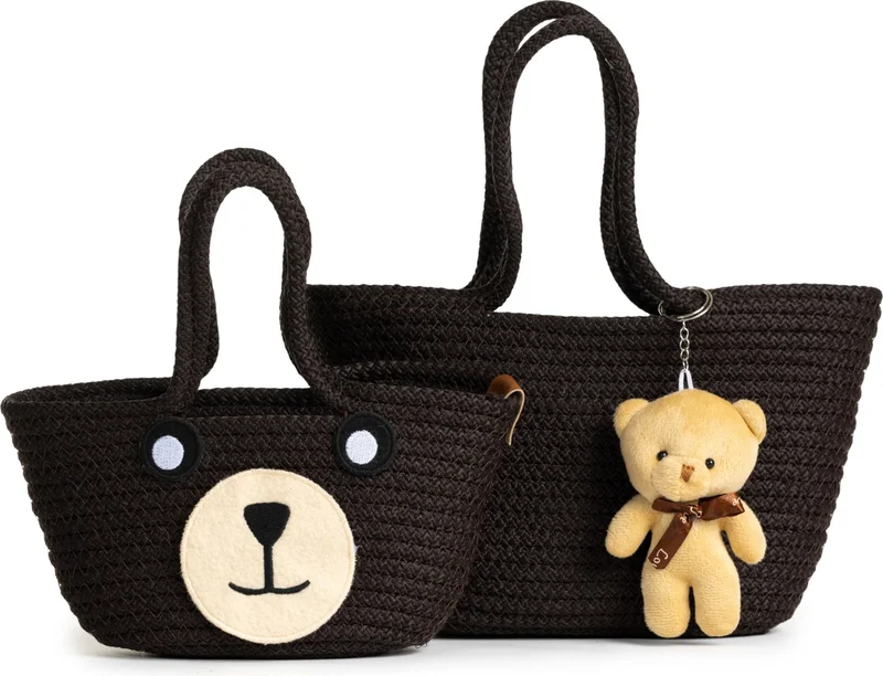 نوثينج 2-Piece Mini Braided Teddy Bear Mother and Child Bag Set with Keys