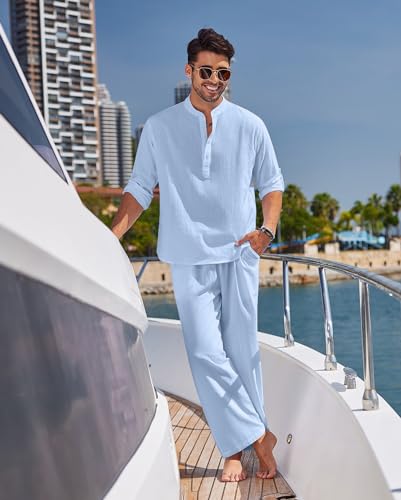 COOFANDY Mens 2 Pieces Cotton Linen Set Long Sleeve Henley Shirts Casual Beach Pants With Pockets Summer Yoga Outfits - Image 3