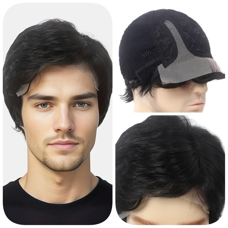 Black Lace Front Mens Wigs 6X4X05 T Part Lace Short Wigs with 150 Density Side Part Synthetic Hair for Men Man Male Daily Used Costume Party Halloween Cosplay Updated Soft Hair