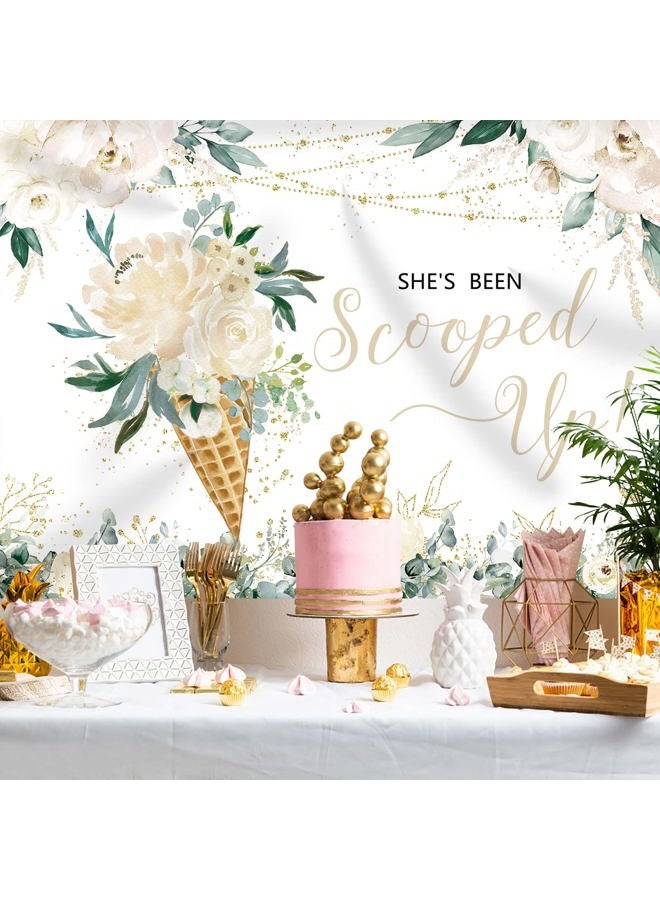 Boveda Ice Cream Bridal Shower Backdrop She's Been Scooped Up White Flowers Green Leaves Photography Background Bridal Shower Party Decorations Cake Table Banner Supplies Photo Booth Props 7x5ft - Image 5