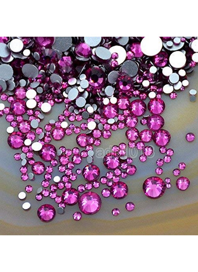 AD BEADS - 1440 Pieces Mixed Size No Hotfix Glue On Quality Glass Flatback Rhinestones Round Crystal Gems (25 Fuchsia) - Image 1