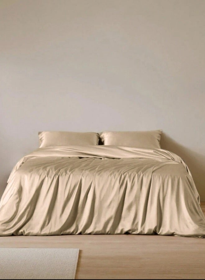 LUNA Home Silky Satin King Size 6-Piece Bedding Set Plain Beige  - Image 1