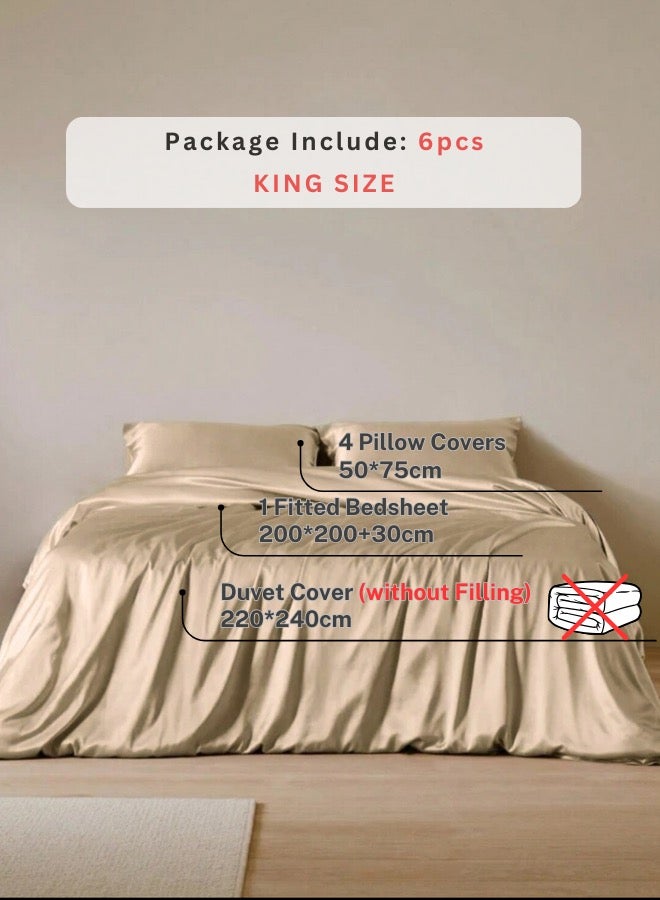 LUNA Home Silky Satin King Size 6-Piece Bedding Set Plain Beige  - Image 2