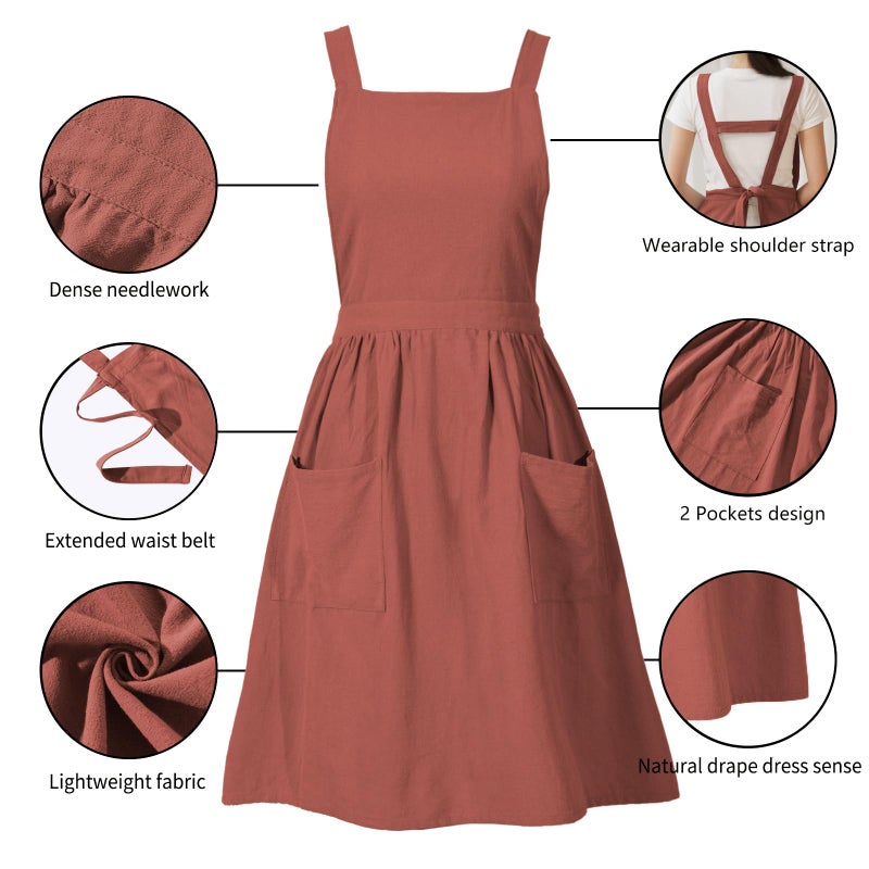 Pinknoke Cotton Linen Pinafore Apron Dress for Women with Pockets Cute Art Chef Aprons for Kitchen Baking Gardening Painting (Burnt orange) - Image 5