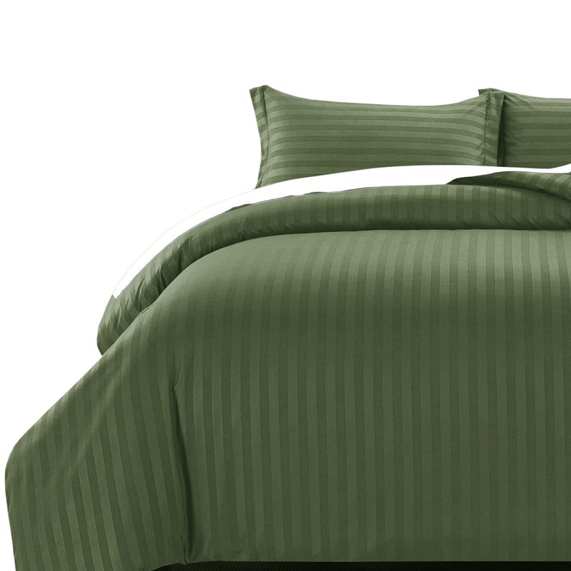MOONLIGHT20015 Double Duvet Set Reversible Stripes Satin Double Bedding Set with 2 Pillowcases Soft Hypoallergenic Duvet Cover Olive Green 200x200 CM