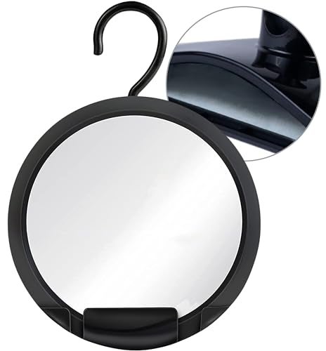 MIRRORVANA Dual Anti Fog Shower Mirror for Shaving with Hook for Hanging and Fogless Shatterproof Surface  Fill Back ChamberReservoir with Hot Water for Fog Free Shave 8 Diameter Black