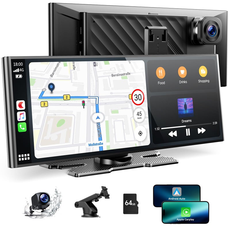 Volam 9.26'' Carplay Screen for Car with 4K Dash Cam, Compatible with Apple Carplay & Android Auto, Carplay with 1080p Backup Camera, Mirror Link, Loop Recording, GPS Navigation - Image 1