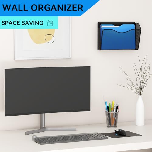 GDINDINFAN 3 Single Pocket Wall File Holder Mesh Hanging File Folder Paper Organizer Vertical Wall Mounted Mail Basket Storage Organization Magazine Rack for Office Home and School Black - Image 3