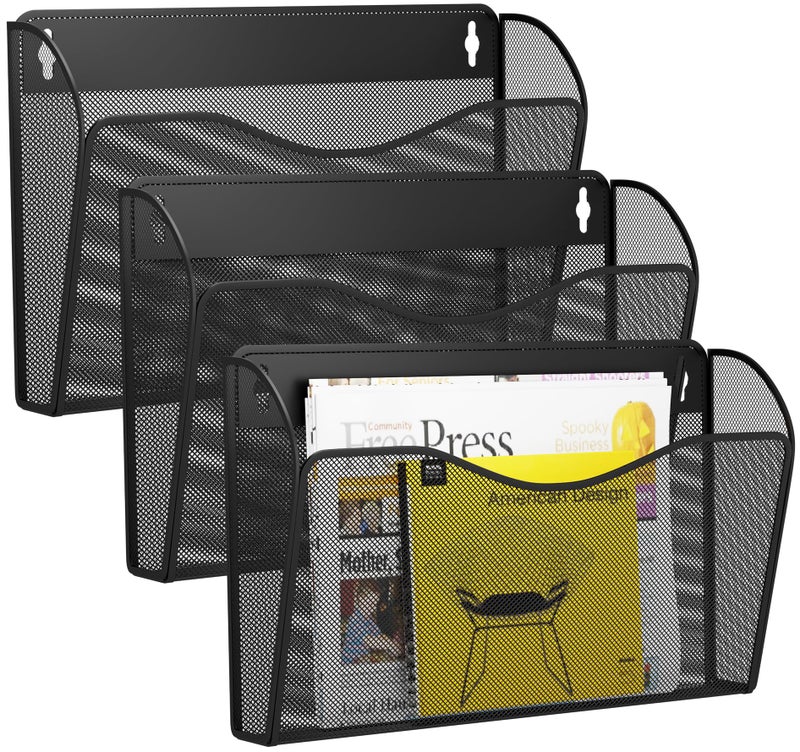GDINDINFAN 3 Single Pocket Wall File Holder Mesh Hanging File Folder Paper Organizer Vertical Wall Mounted Mail Basket Storage Organization Magazine Rack for Office Home and School Black - Image 2