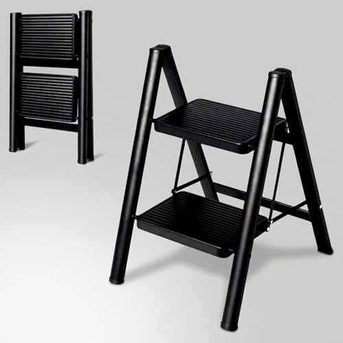 JIALTO 2 Step Metal Ladder for Home, Foldable Lightweight Stepping Stool with Wide Pedals, Anti Slip Heavy Duty 150 Kg Capacity, Portable for Kitchen, Office & Library (Black) - Image 1