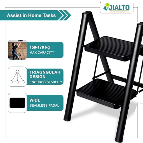 JIALTO 2 Step Metal Ladder for Home, Foldable Lightweight Stepping Stool with Wide Pedals, Anti Slip Heavy Duty 150 Kg Capacity, Portable for Kitchen, Office & Library (Black) - Image 4