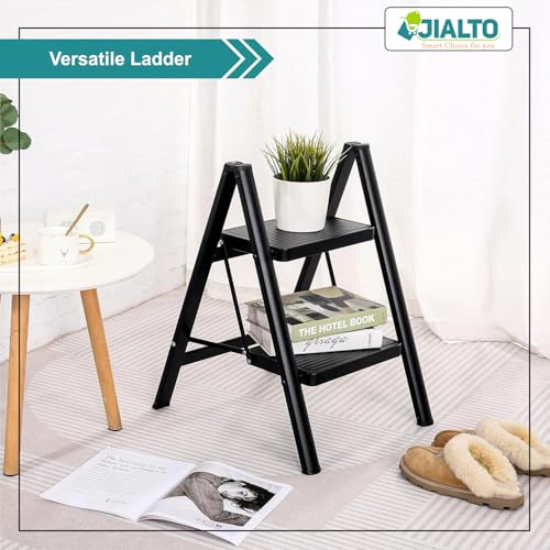 JIALTO 2 Step Metal Ladder for Home, Foldable Lightweight Stepping Stool with Wide Pedals, Anti Slip Heavy Duty 150 Kg Capacity, Portable for Kitchen, Office & Library (Black) - Image 3