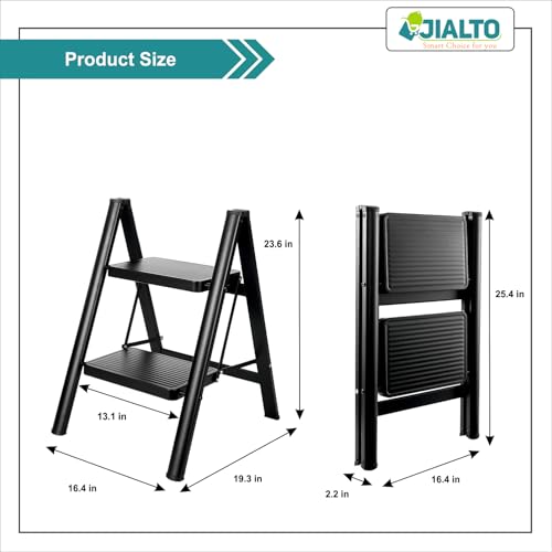JIALTO 2 Step Metal Ladder for Home, Foldable Lightweight Stepping Stool with Wide Pedals, Anti Slip Heavy Duty 150 Kg Capacity, Portable for Kitchen, Office & Library (Black) - Image 2