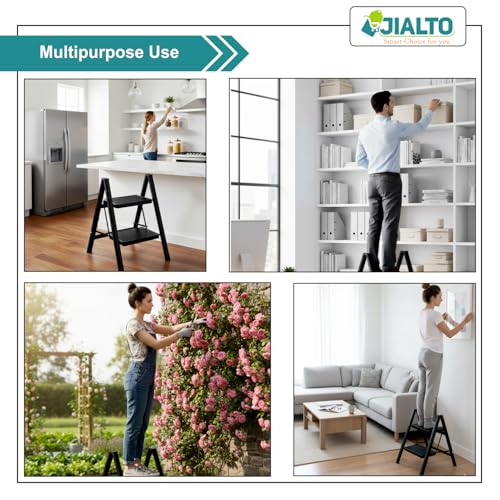 JIALTO 2 Step Metal Ladder for Home, Foldable Lightweight Stepping Stool with Wide Pedals, Anti Slip Heavy Duty 150 Kg Capacity, Portable for Kitchen, Office & Library (Black) - Image 5