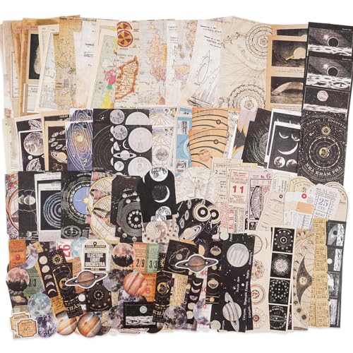 Knaid Vintage Scrapbook Supplies Pack (200 Pieces) for Witchy Junk Journal Bullet Journals Planners Space Moon Paper Stickers Craft Kits Collage (Celestial) - Image 1