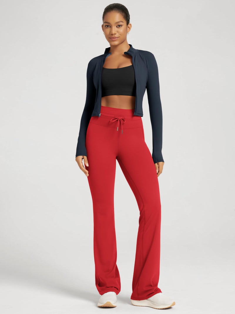ODODOS Women's Drawstring Tie Flared Pants High Waist Bootcut Workout Yoga Pants - 30" Inseam, Red, X-Small - Image 3
