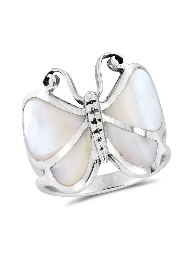 AeraVida - Captivating Butterfly Motif White Mop Statement .925 Sterling Silver Ring Statement Fashion Jewelry Gift For All Occasions Size 7 - Image 1