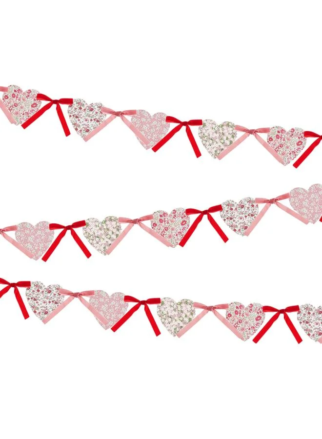 x Liberty Heart Garland - 12 Scalloped Paper Heart Pennants with Dusty Pink & Red Velvet Bows, Liberty Floral Designs and Gold Foil, Romantic Decoration for Valentine’s