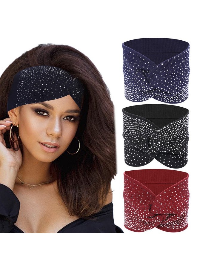 Sliverdew Rhinestone Head Wrap 3 Pack Boho Wide Headbands Rhinestone Head Scarf Crystal Wide Headbands Stretch Wide Headbands Elastic Turban Thick African Fabric Cotton Head Bands Fashion Hair Scarfs - Image 1