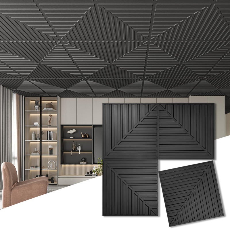 Art3d 12-Pack Drop Ceiling Tiles 2x2 FT, PVC 3D Textured Panels for Interior Wall Decor Living Room Bedroom Office, 24x24 Inch, Black - Image 1