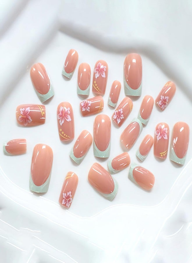 Jremg Blue French Tip Press on Nails Short Square Fake Nails with Flowers Designs Glossy 3D French False Nails Cute Pink Floral Full Cover Glue on Nails Reusable Acrylic Stick on Nails for Women 24Pcs - Image 2