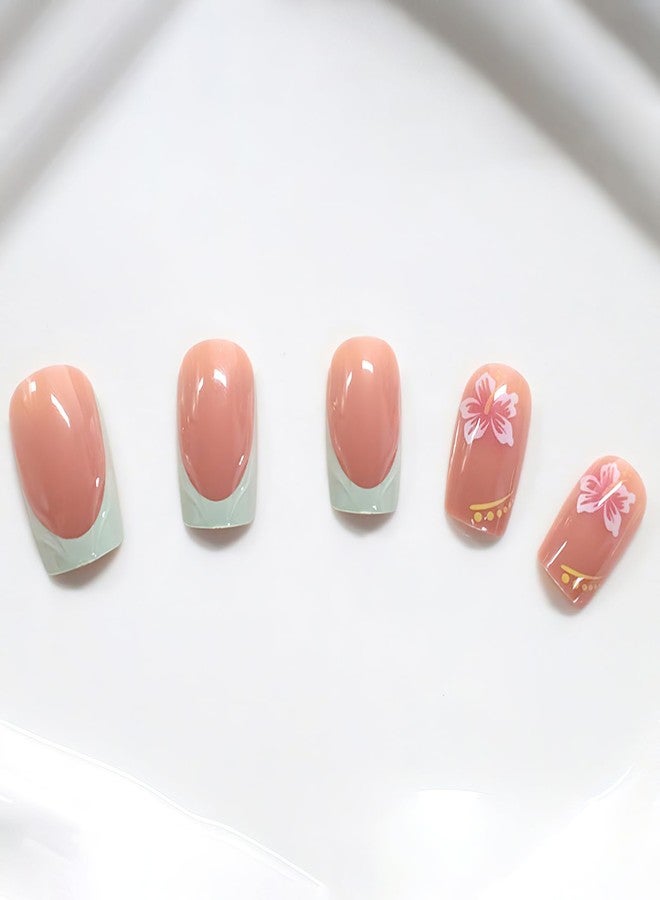 Jremg Blue French Tip Press on Nails Short Square Fake Nails with Flowers Designs Glossy 3D French False Nails Cute Pink Floral Full Cover Glue on Nails Reusable Acrylic Stick on Nails for Women 24Pcs - Image 4
