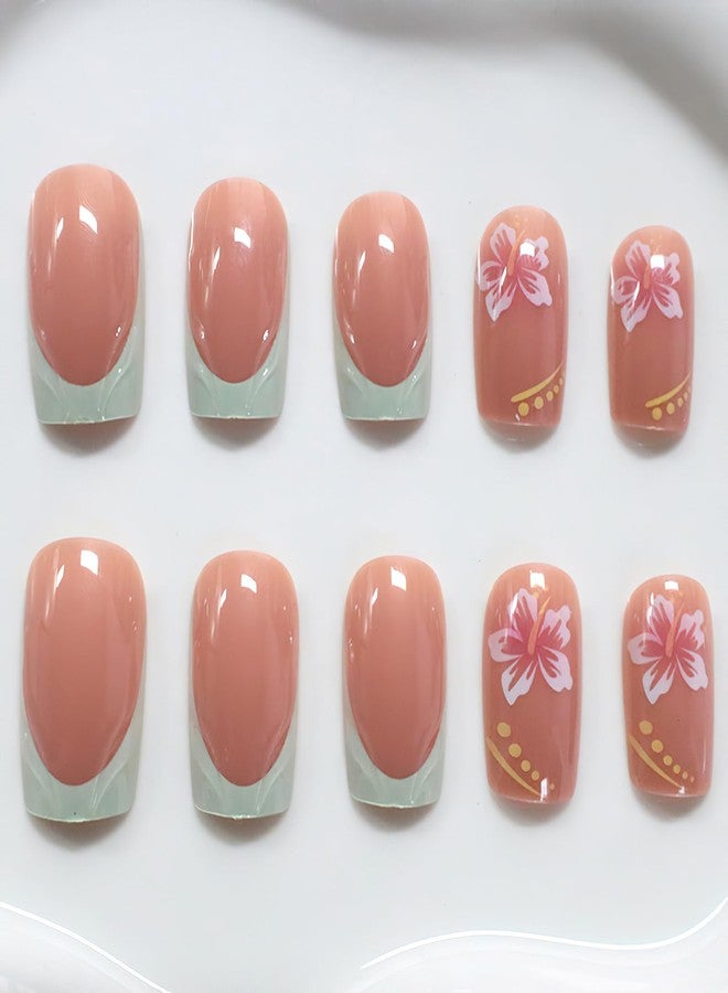 Jremg Blue French Tip Press on Nails Short Square Fake Nails with Flowers Designs Glossy 3D French False Nails Cute Pink Floral Full Cover Glue on Nails Reusable Acrylic Stick on Nails for Women 24Pcs - Image 3