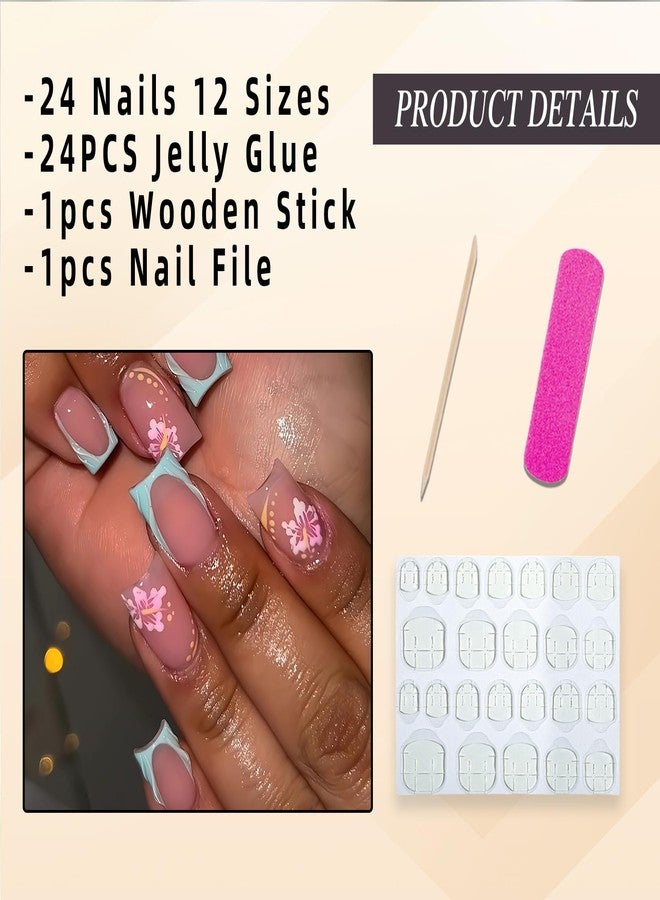 Jremg Blue French Tip Press on Nails Short Square Fake Nails with Flowers Designs Glossy 3D French False Nails Cute Pink Floral Full Cover Glue on Nails Reusable Acrylic Stick on Nails for Women 24Pcs - Image 5