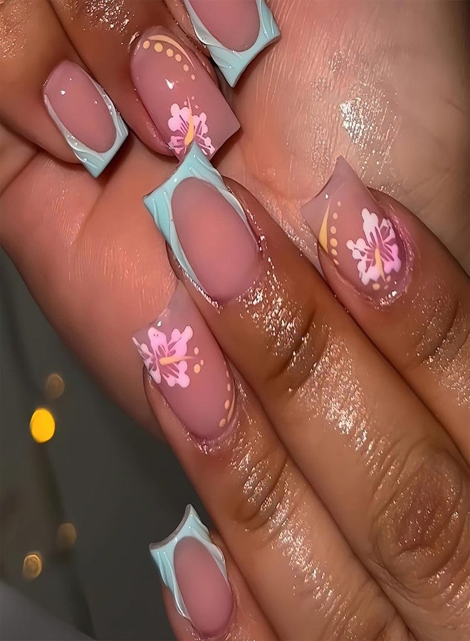Jremg Blue French Tip Press on Nails Short Square Fake Nails with Flowers Designs Glossy 3D French False Nails Cute Pink Floral Full Cover Glue on Nails Reusable Acrylic Stick on Nails for Women 24Pcs - Image 1
