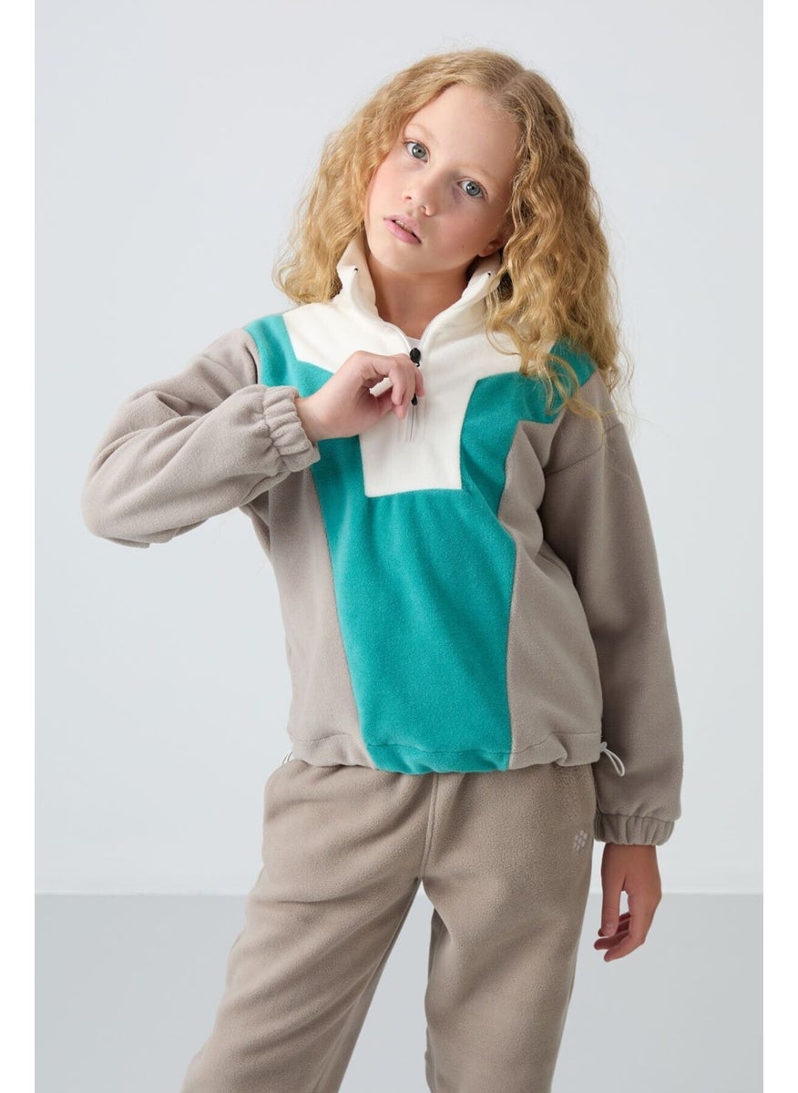 Tommy Life - Dark Beige Thick Soft Texture Oversize Embroidered Polar Fleece Girl Sweatshirt - 75153 - Image 1