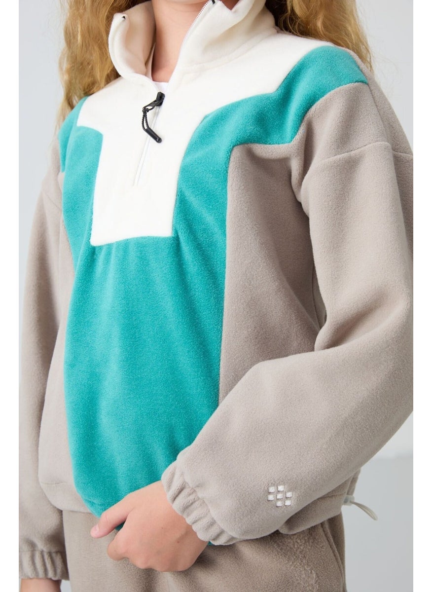 Tommy Life - Dark Beige Thick Soft Texture Oversize Embroidered Polar Fleece Girl Sweatshirt - 75153 - Image 1