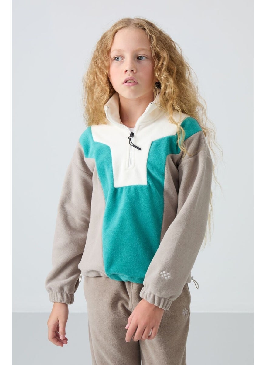 Tommy Life - Dark Beige Thick Soft Texture Oversize Embroidered Polar Fleece Girl Sweatshirt - 75153 - Image 1