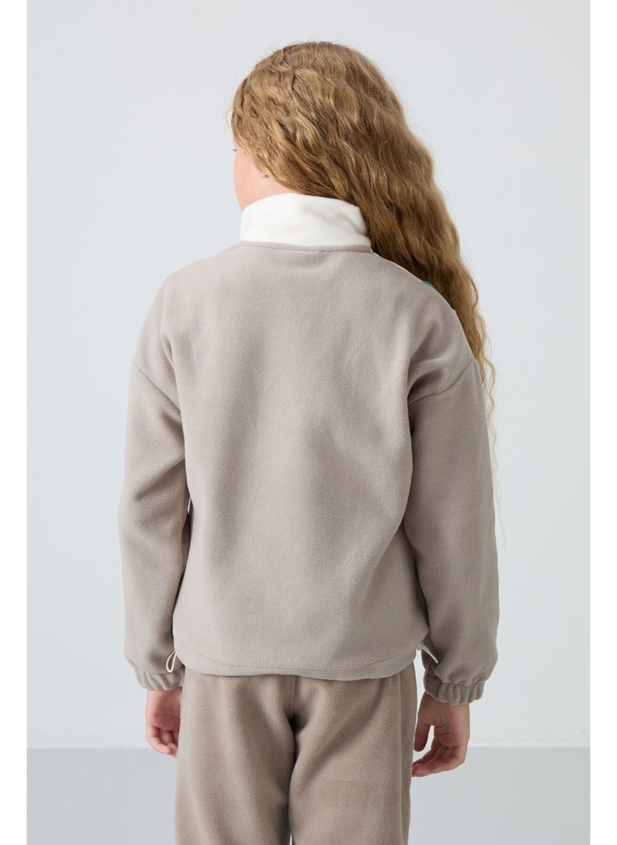 Tommy Life - Dark Beige Thick Soft Texture Oversize Embroidered Polar Fleece Girl Sweatshirt - 75153 - Image 1