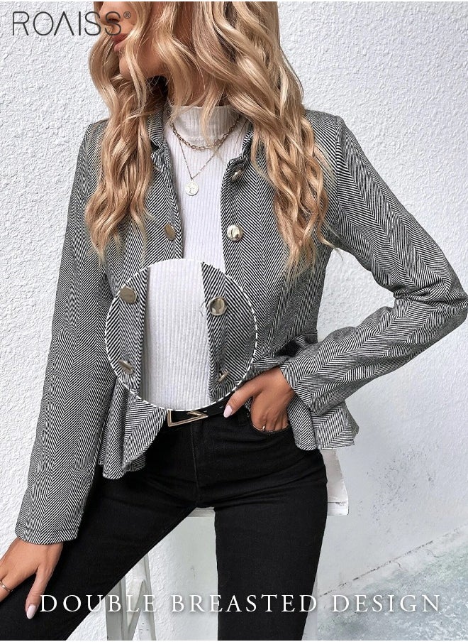 roaiss Stylish Business Blazer Women'S Daily Commuting Plaid Office Double Breasted Coat  - Image 2