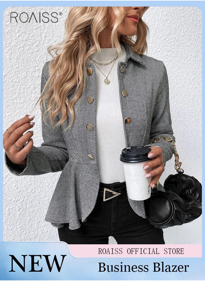 roaiss Stylish Business Blazer Women'S Daily Commuting Plaid Office Double Breasted Coat  - Image 1