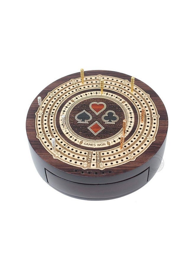 House of Cribbage Round Shape 3 Track Noncontinuous Cribbage Board Push Drawer Storage For Pegs And 1 Deck Of Cards With Score Marking Fields For Won Games (Rosewood / Maple Wood) - Image 3