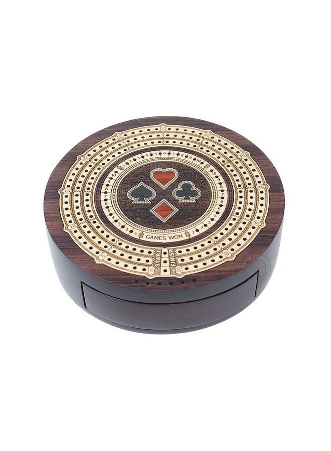 House of Cribbage Round Shape 3 Track Noncontinuous Cribbage Board Push Drawer Storage For Pegs And 1 Deck Of Cards With Score Marking Fields For Won Games (Rosewood / Maple Wood) - Image 5