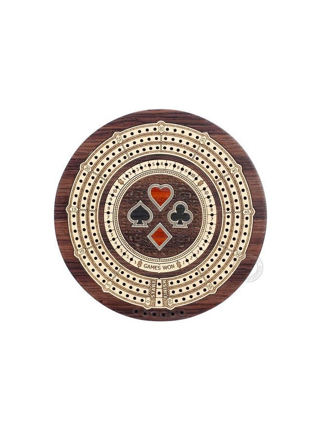 House of Cribbage Round Shape 3 Track Noncontinuous Cribbage Board Push Drawer Storage For Pegs And 1 Deck Of Cards With Score Marking Fields For Won Games (Rosewood / Maple Wood) - Image 4
