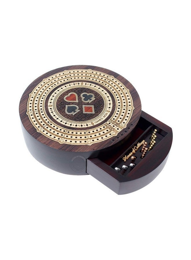 House of Cribbage Round Shape 3 Track Noncontinuous Cribbage Board Push Drawer Storage For Pegs And 1 Deck Of Cards With Score Marking Fields For Won Games (Rosewood / Maple Wood) - Image 1