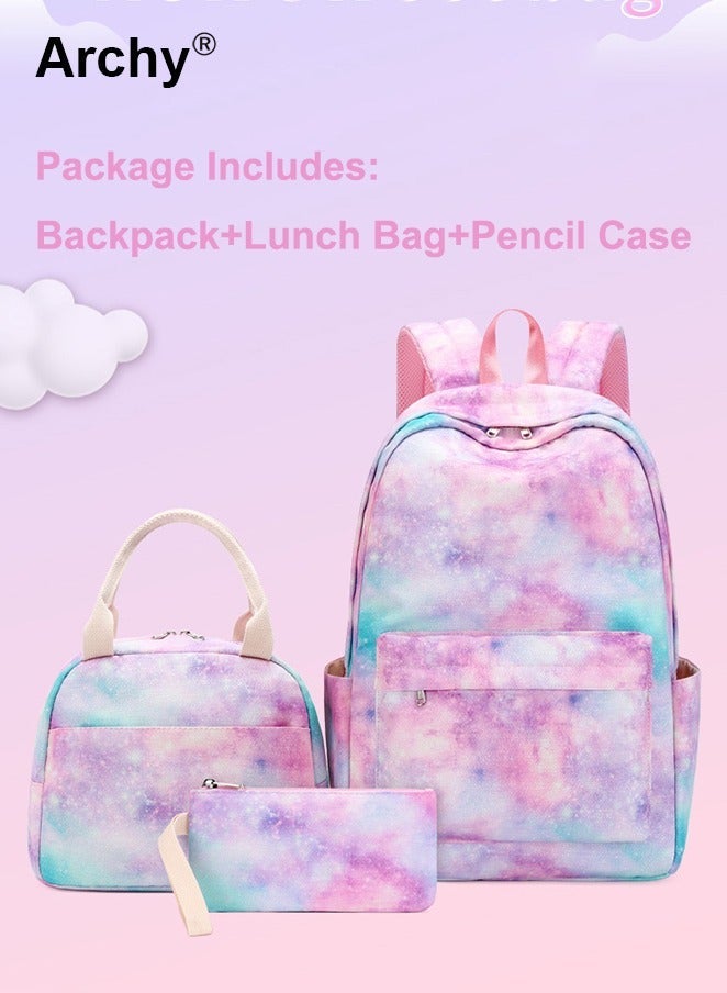 Archy Set of 3 School Backpack with Galaxy Print Fits 15-Inch Laptop Insulated Lunch Bag Pencil Bag for Stylish Girls - Image 1