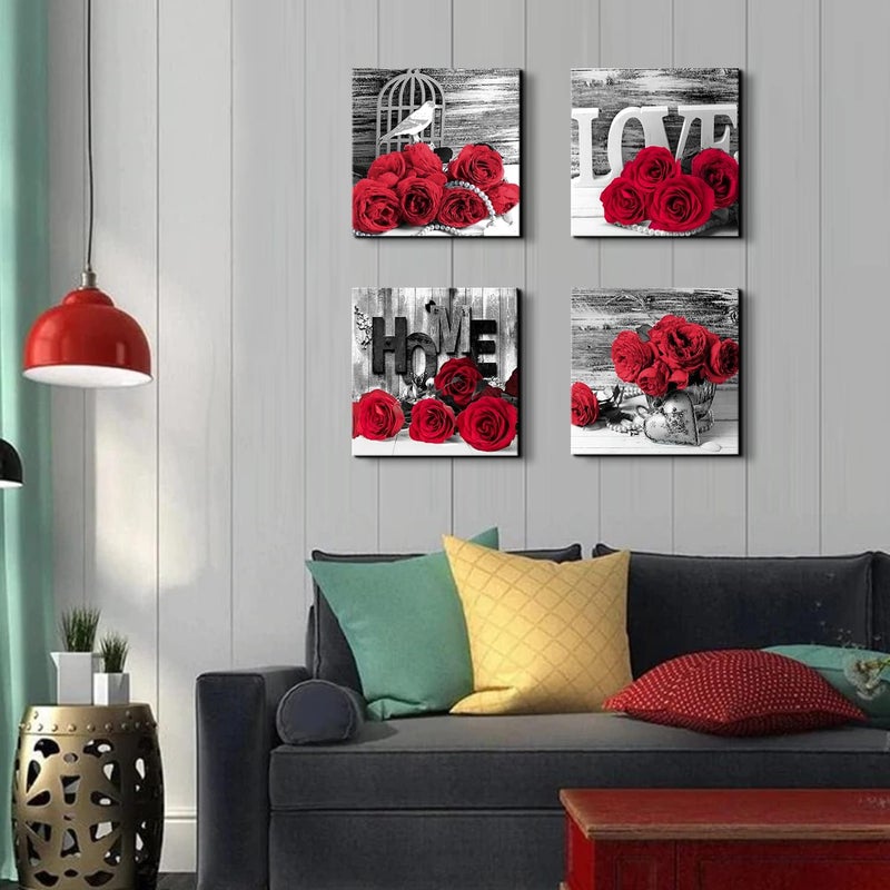 YOOOAHU Red and Black Wall Art Rose Flower Pictures for Living Room Bedroom Couples Wall Decor - Image 2