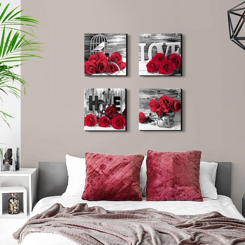 YOOOAHU Red and Black Wall Art Rose Flower Pictures for Living Room Bedroom Couples Wall Decor - Image 4