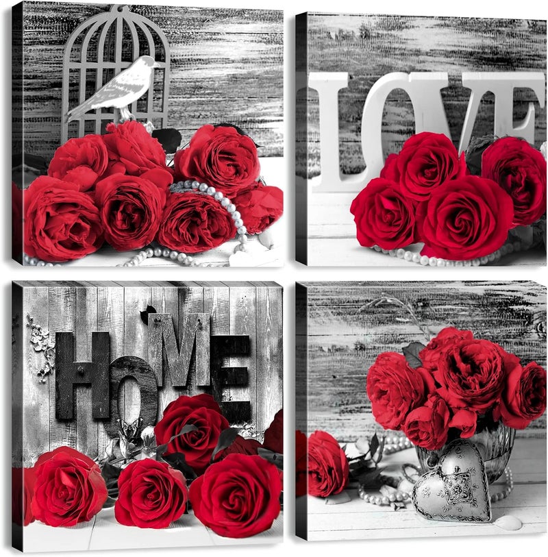 YOOOAHU Red and Black Wall Art Rose Flower Pictures for Living Room Bedroom Couples Wall Decor - Image 1
