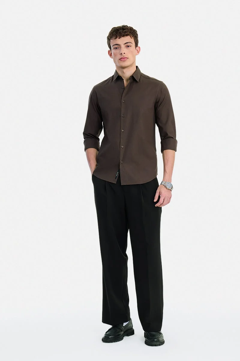 SNITCH Brown Solid Long Sleeve Slim Fit Formal Shirt