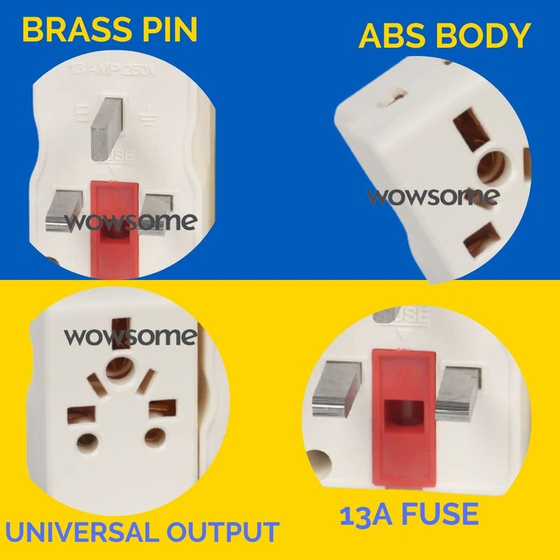 WOWSOME WOWSOME 2 Multiplug 13A TypeG UK Flat Pin Fused MultiPlug for India to UK UAE Singapore HongKong and More Conversion Plug Convert White Pack of 2 - Image 3