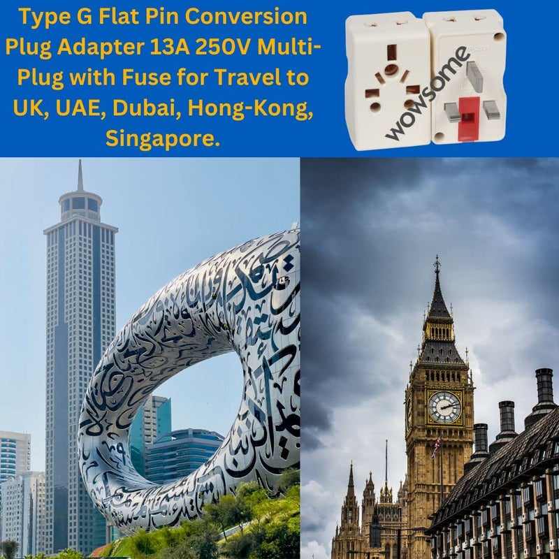 WOWSOME WOWSOME 2 Multiplug 13A TypeG UK Flat Pin Fused MultiPlug for India to UK UAE Singapore HongKong and More Conversion Plug Convert White Pack of 2 - Image 5