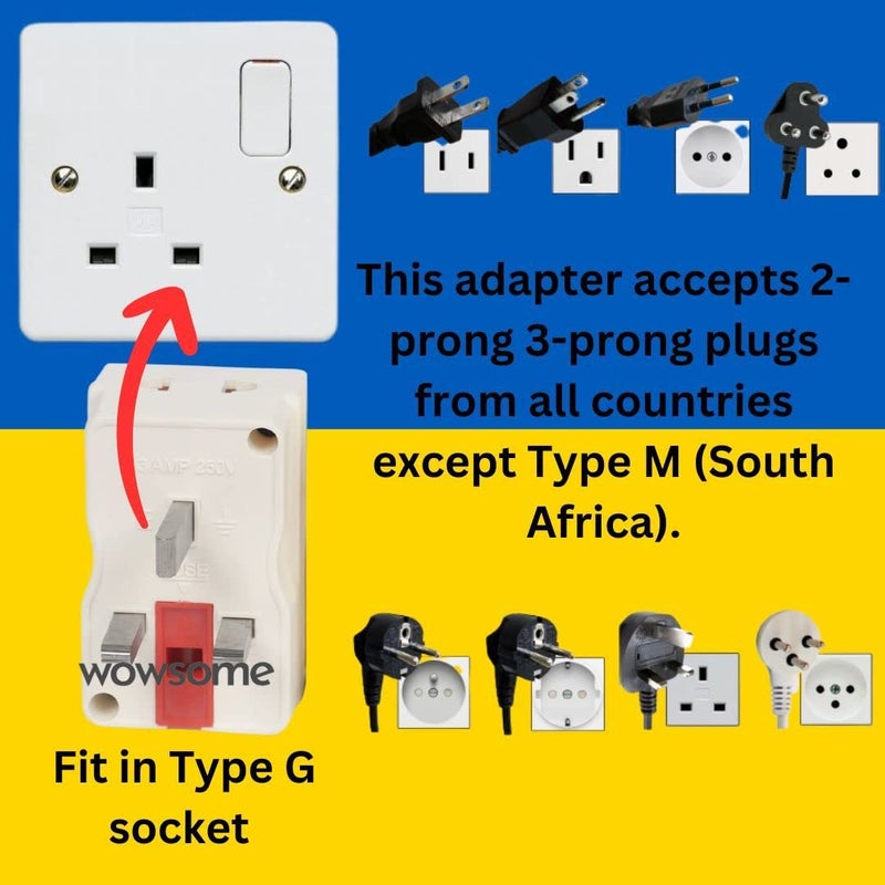 WOWSOME WOWSOME 2 Multiplug 13A TypeG UK Flat Pin Fused MultiPlug for India to UK UAE Singapore HongKong and More Conversion Plug Convert White Pack of 2 - Image 4